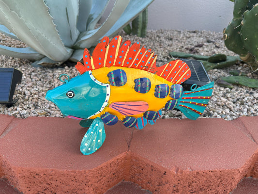 Handpainted Metal Multicolor Scaly Fish | Farmhouse Yard Art Garden Decor | Artisan Made Landscape Sculpture | Lawn Ornament