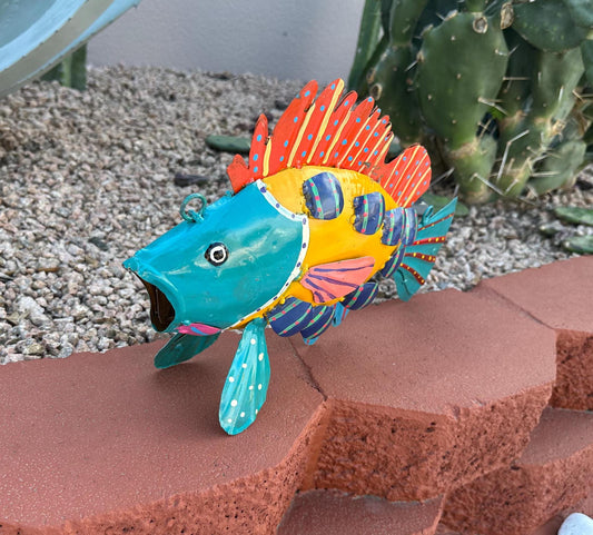 Handpainted Metal Multicolor Scaly Fish | Farmhouse Yard Art Garden Decor | Artisan Made Landscape Sculpture | Lawn Ornament
